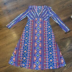 Boden Blue Patterned Long Sleeve Dress